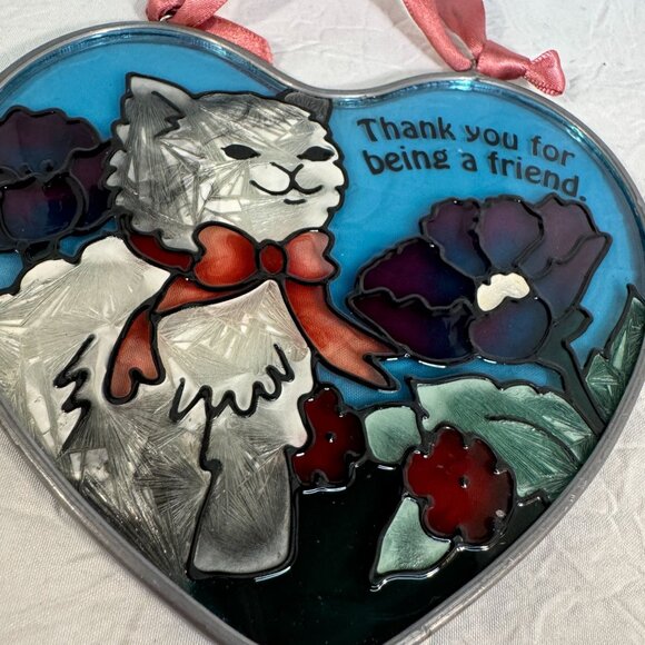 Joan Baker Designs Handpainted Stained Glass/Sun Catcher Gray Cat w/ Flowers - Picture 6 of 6